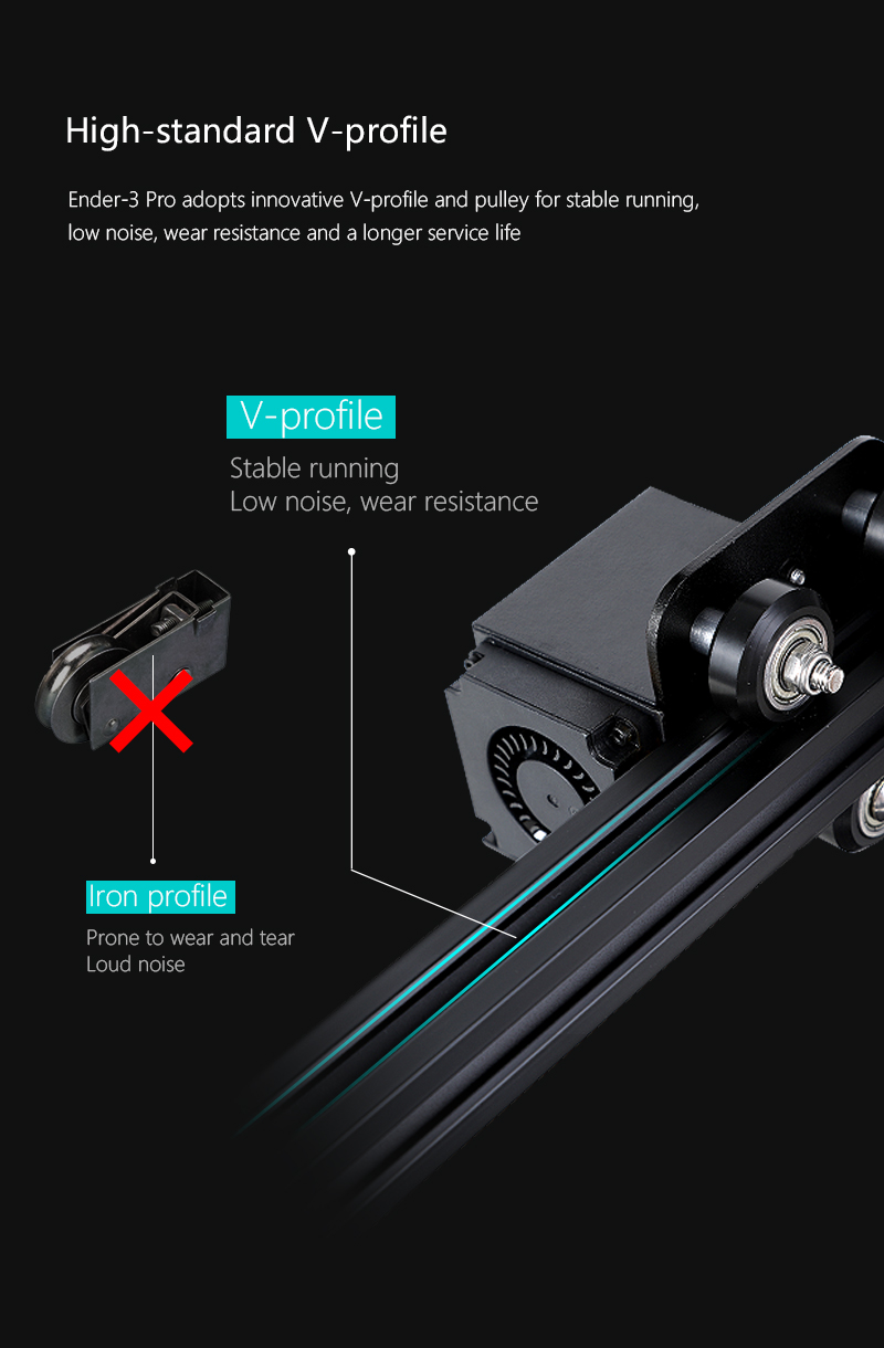 Close-up of the Ender 3 Pro V-profile aluminum extrusion rail system compared to standard iron profile, showing stable running and low noise design