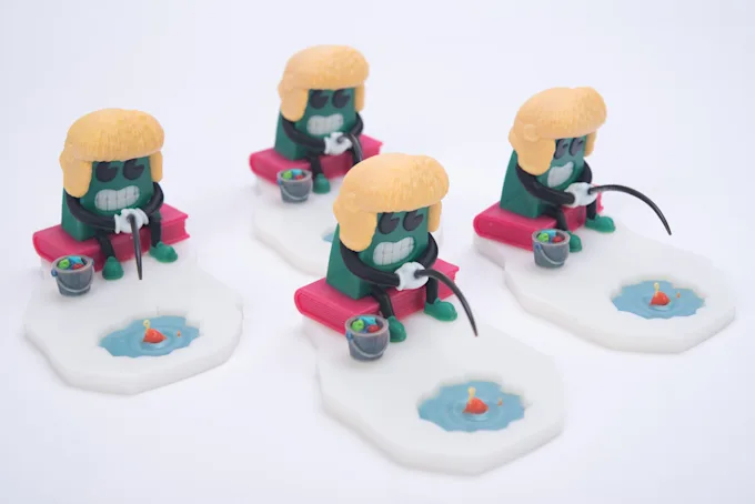 Four green characters ice fishing on sculpted ice bases, each with a rod, a bucket and a fishing hole