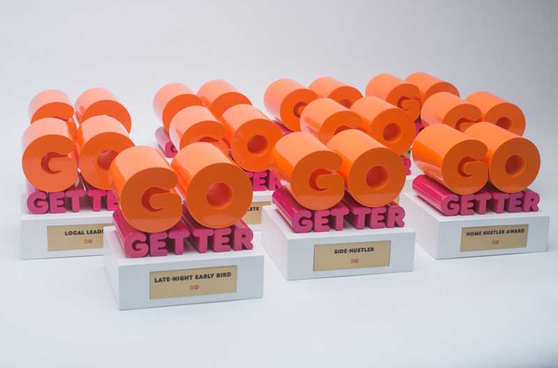 3D printed custom trophy with a text that says "go getter"