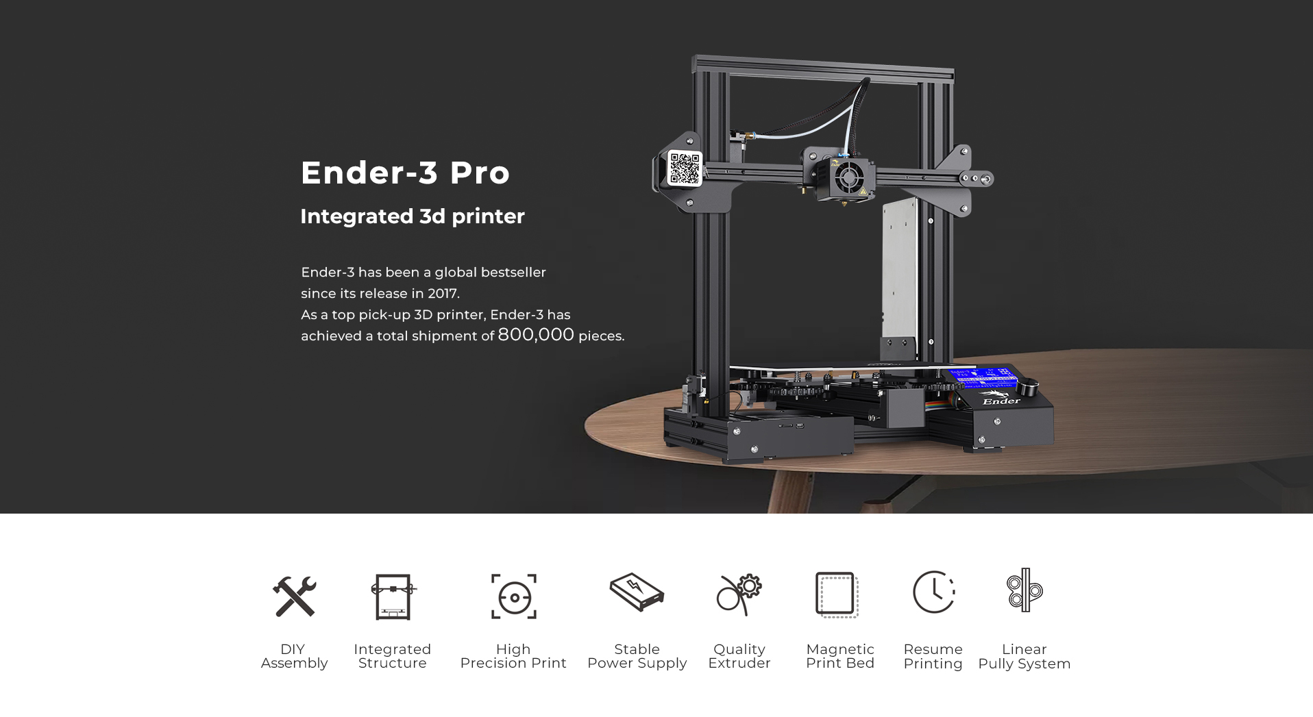 Creality Ender 3 Pro 3D printer fully assembled on a wooden table, showing the open-frame design with LCD display and Ender branding