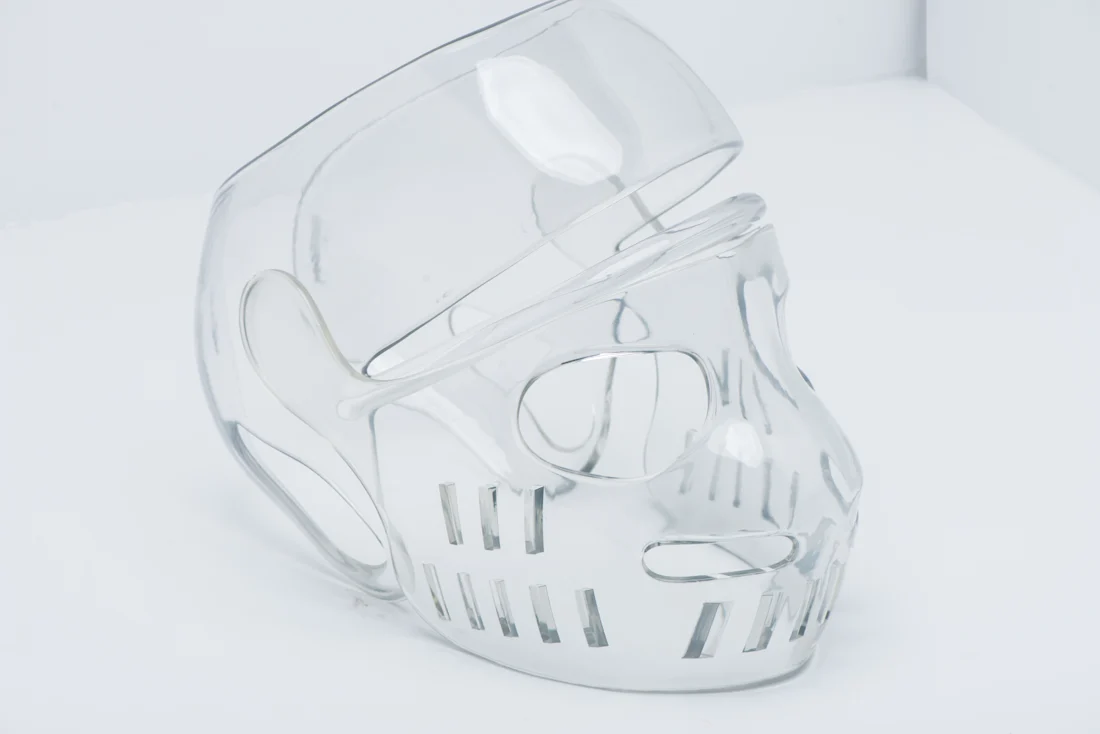 A baseball mask protector printed in water-clear resin