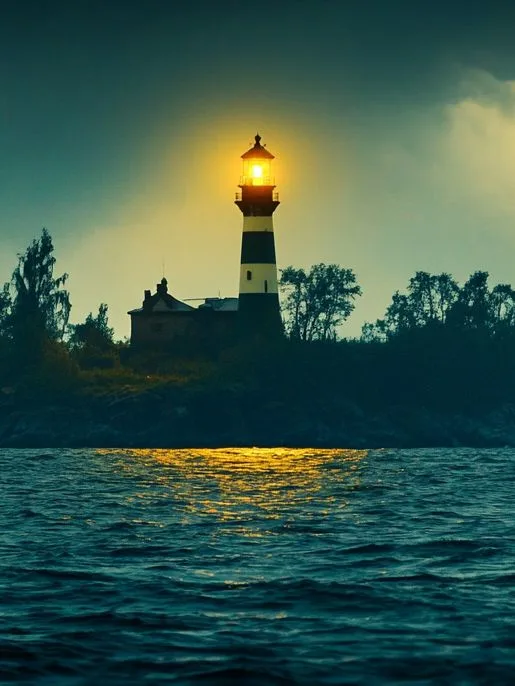 Ostfriesische Krimis bei Bastei Lübbe, Leuchtturm auf Insel bei Nacht