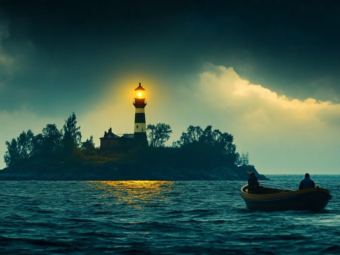 Ostfriesenkrimis von Bastei Lübbe, Insel mit Leuchtturm bei Nacht