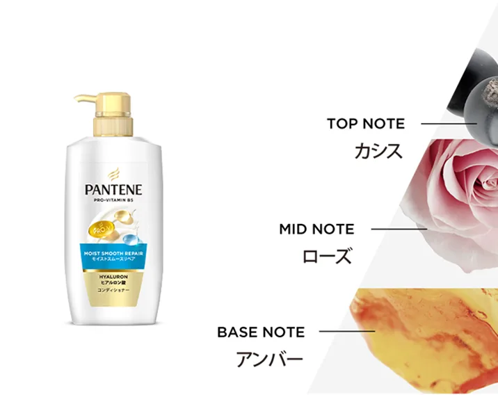 モイストスムースリペアコンディショナーの香りイメージマップ（トップノートのカシス・ミドルノートのローズ・ベースノートのアンバー）