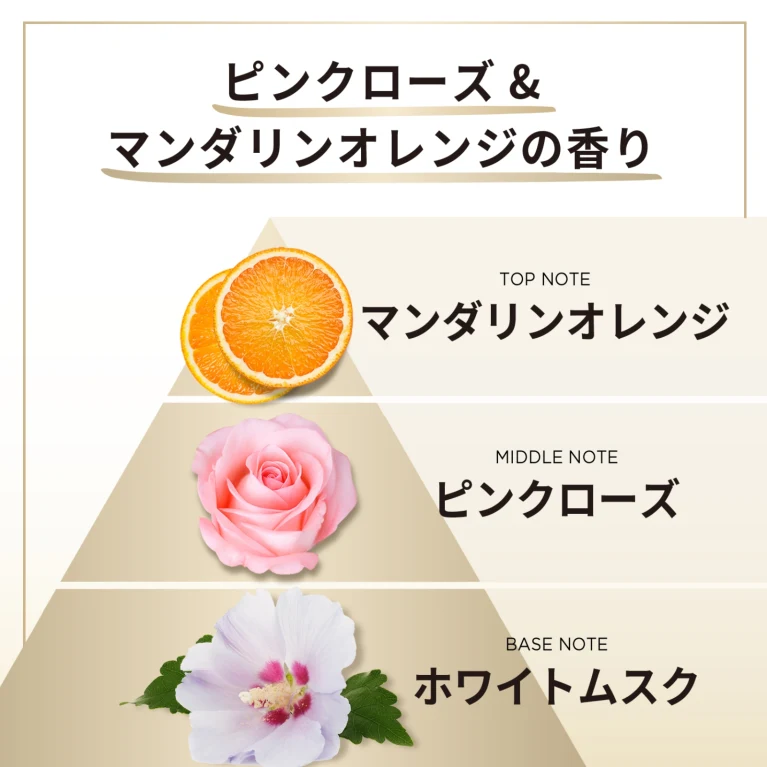 パンテーンミラクルズボンドリペアシリーズの「ピンクローズ＆マンダリンオレンジの香り」をイメージしたピラミッド