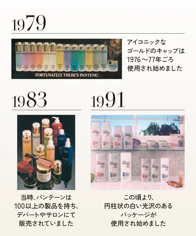1979／アイコニックなゴールドのキャップは1976～77年ごろ使用され始めました1983／当時、パンテーンは100以上の製品を持ち、デパートやサロンにて販売されていました1991／この頃より、円柱状の白い光沢のあるパッケージが使用され始めました