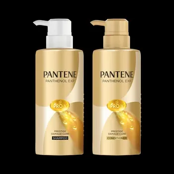 パンテーンえｘｐプレステージダメージケア美容液シャンプー＆コンディショナーの高級感のあるゴールドのボトル