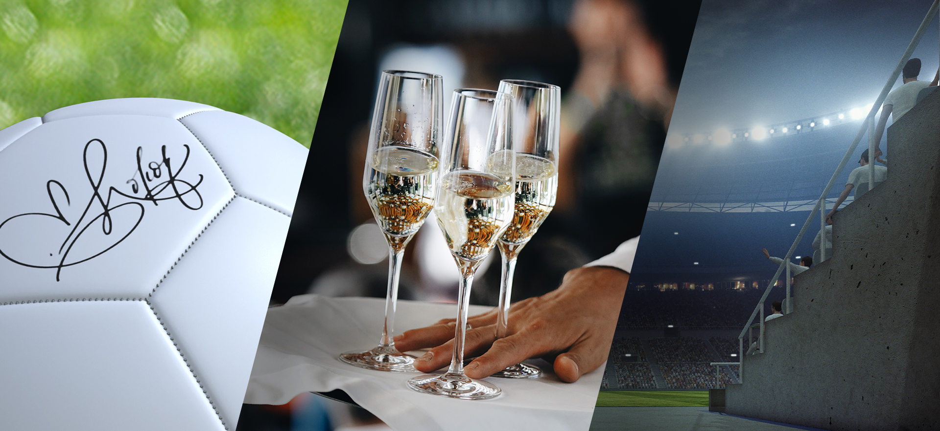 Composite image of signed football, champagne glasses and stadium