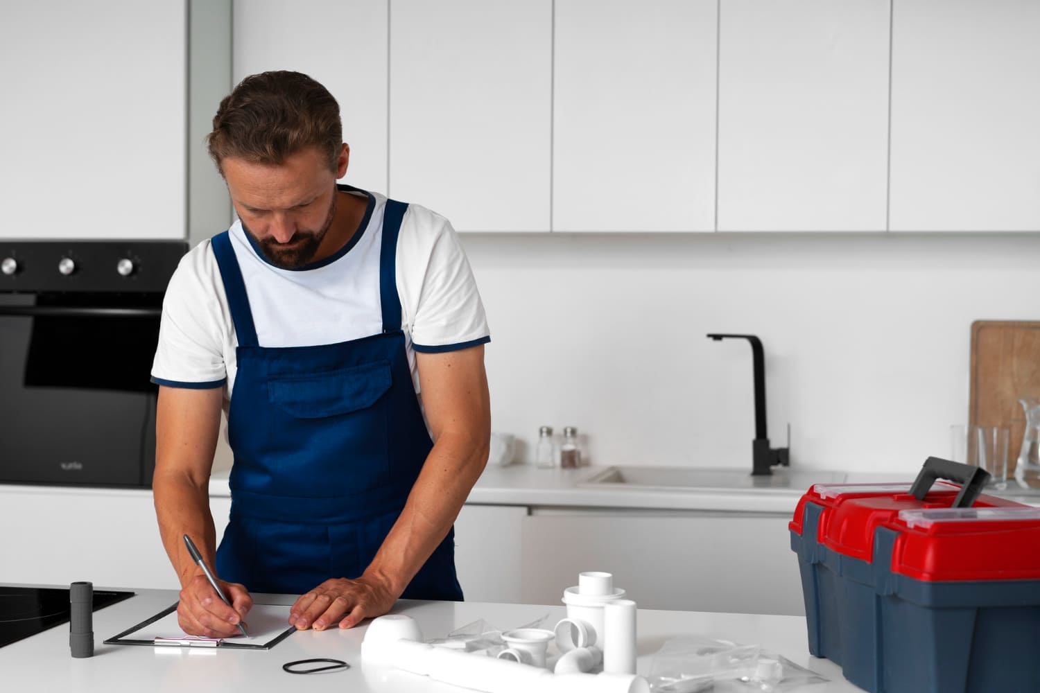 Encanador separa os materiais para um reparo na residência