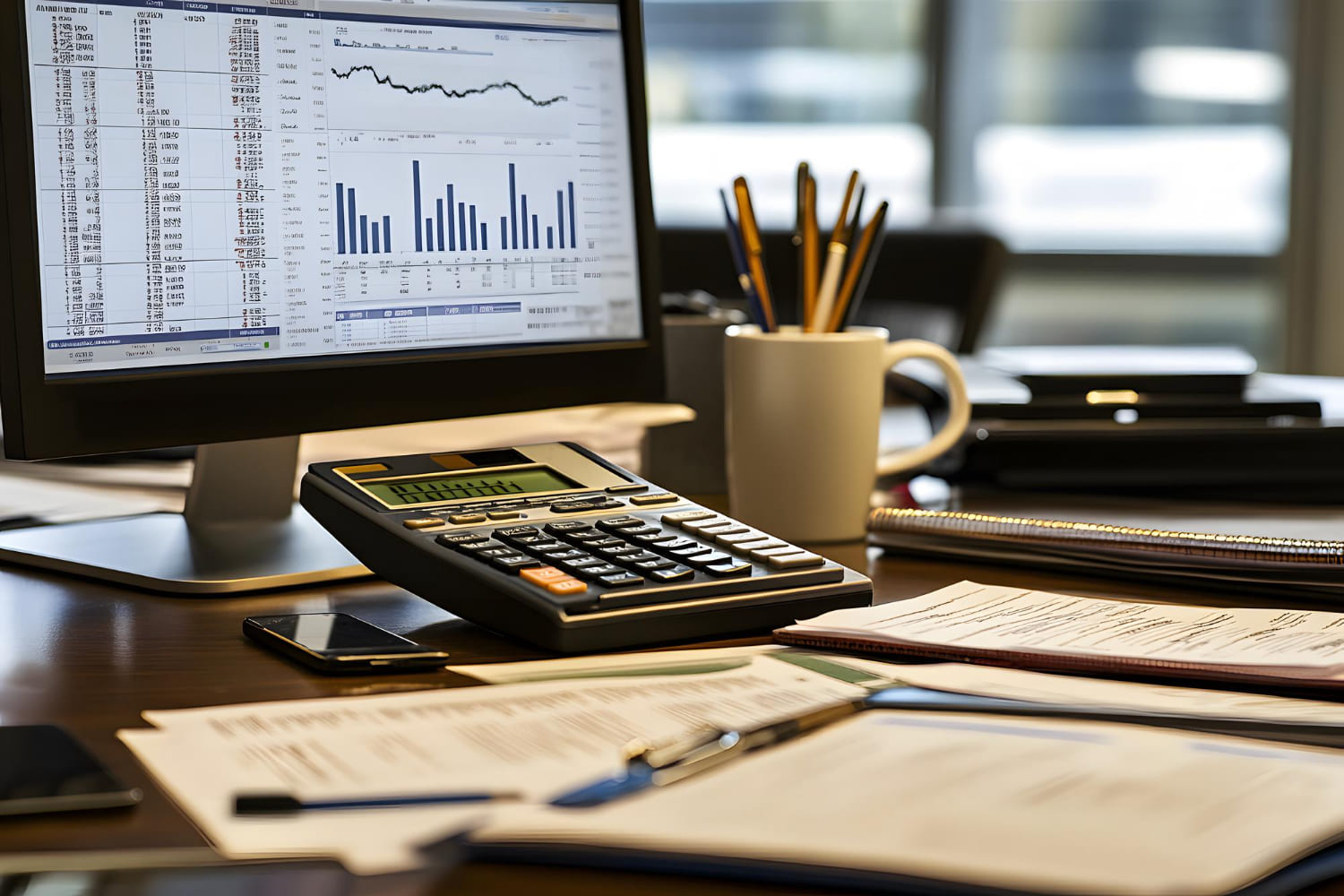 Mesa de escritório com calculadora, computador e alguns papéis