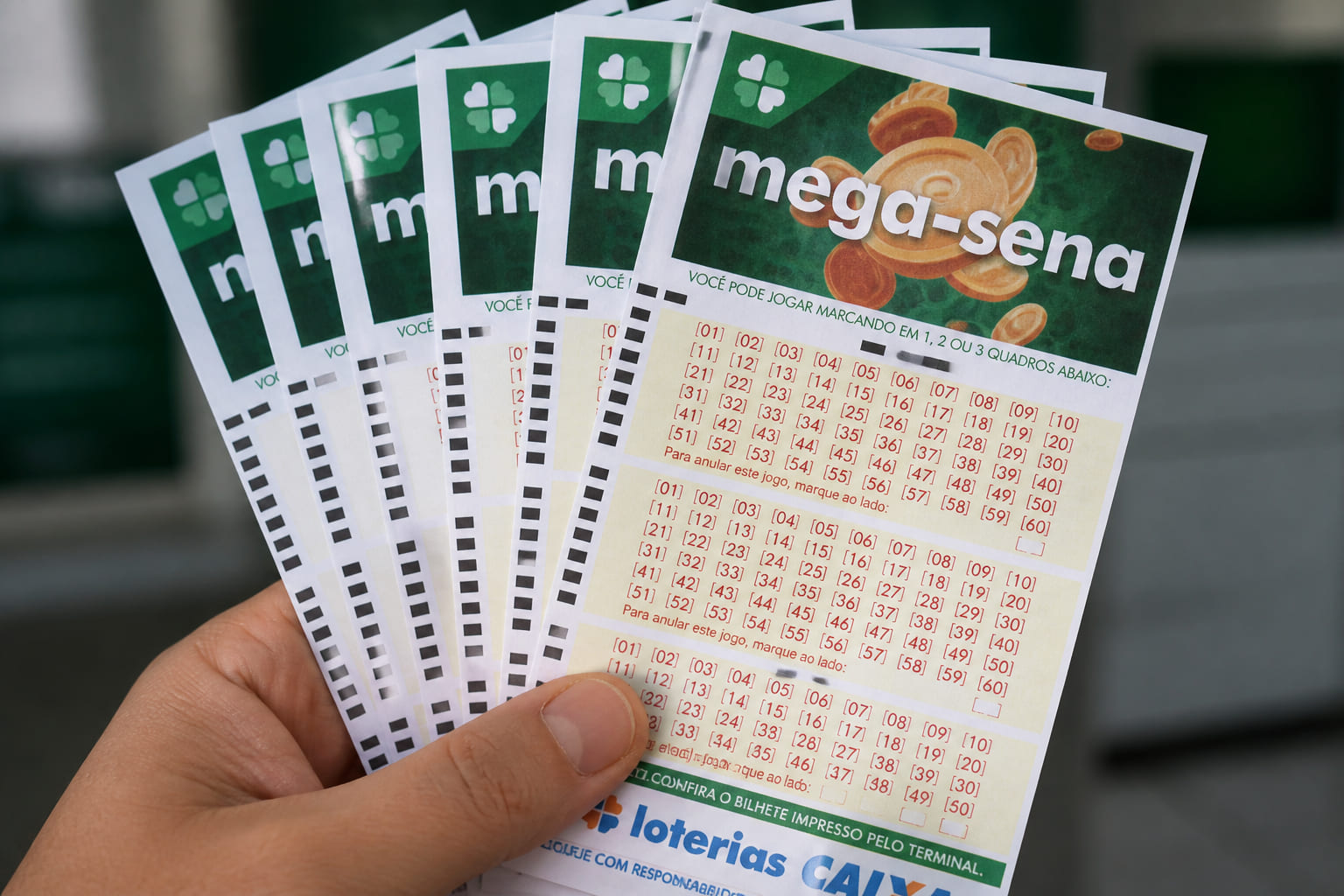 Mão segura diversos volantes de apostas da Mega-Sena