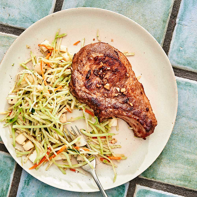 Five-spice pork chops with broccoli-apple slaw