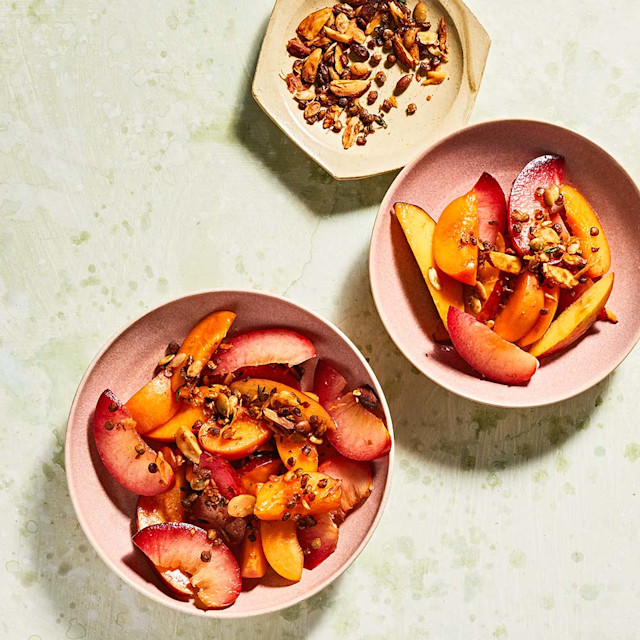 Stone fruit sheet-pan salad with crunchy lentils