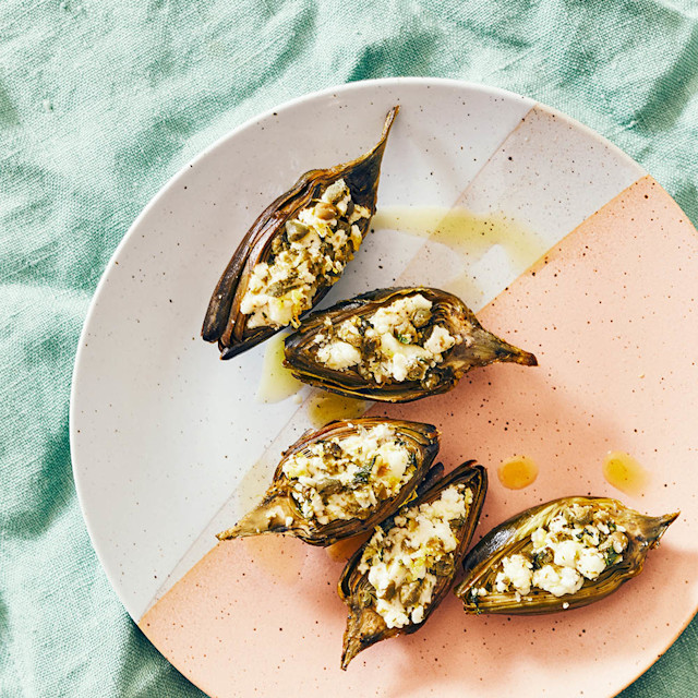 Feta and mint–stuffed baby artichokes