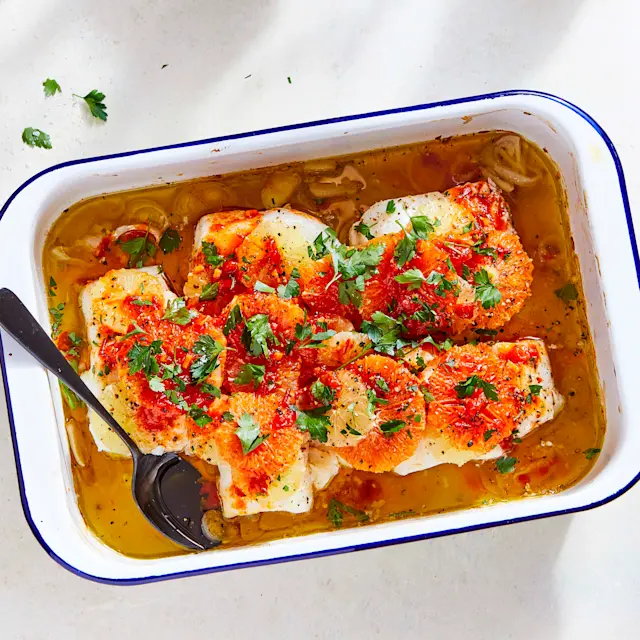 Roasted citrus cod with harissa vinaigrette