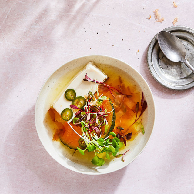 Spicy dashi with silken tofu and squash