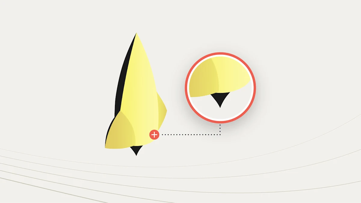 illustration of a yellow rocket with a zoomed-in picture-in-picture of the pointy bottom end of the rocket in a red circular display to the right. 
