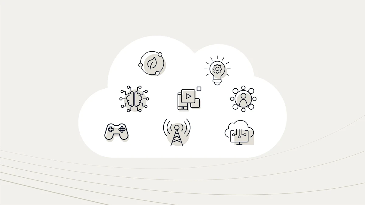A cloud with eight different icons hovering within its border