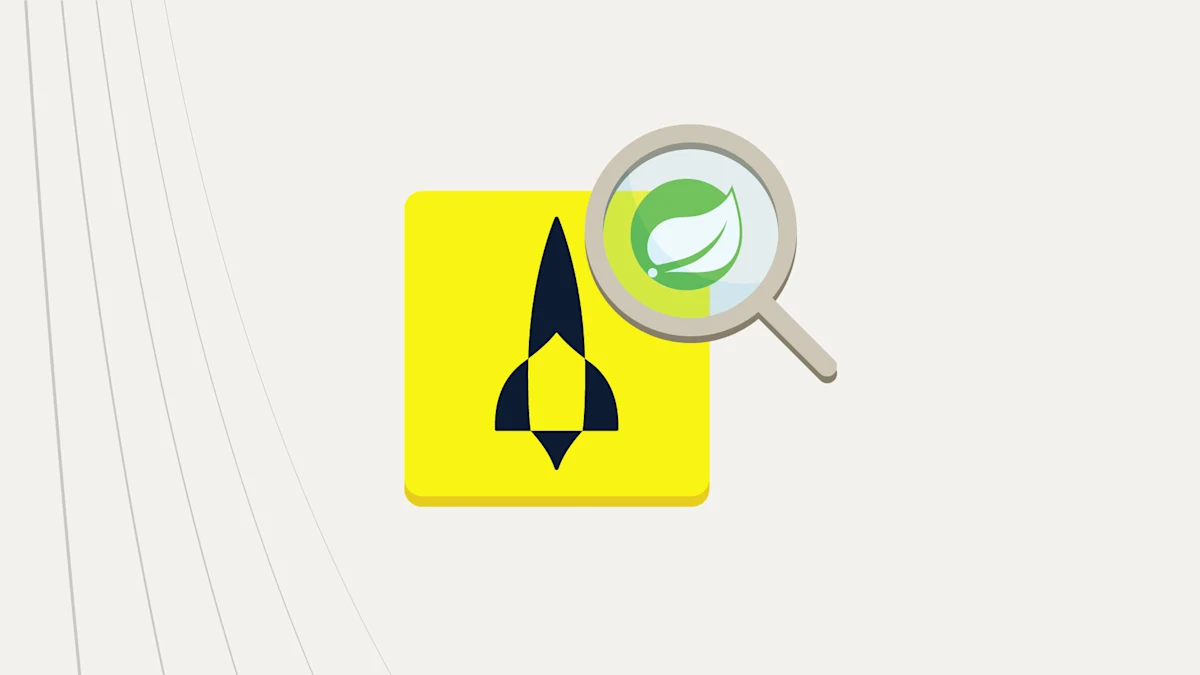 A rocket icon in a square with a magnifying glass on the upper right hand corner that has a green and white leaf logo within. 