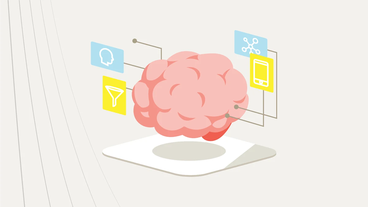 A large pink brain floating above a platform with four icons connected to the brain by lines.