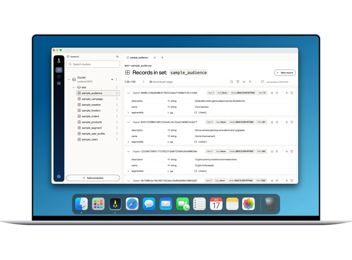 Voyager’s hierarchical data browser shows namespace and set navigation (left) and a detailed record view, including a nested map bin (right), unifying exploration and production.