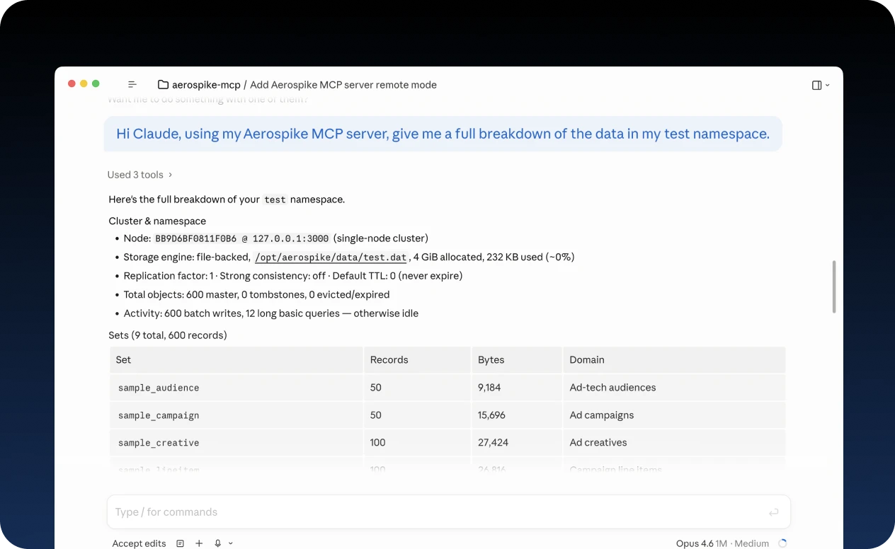 Agentic interface uses Aerospike Voyager’s embedded MCP server to interact directly with your Aerospike cluster.