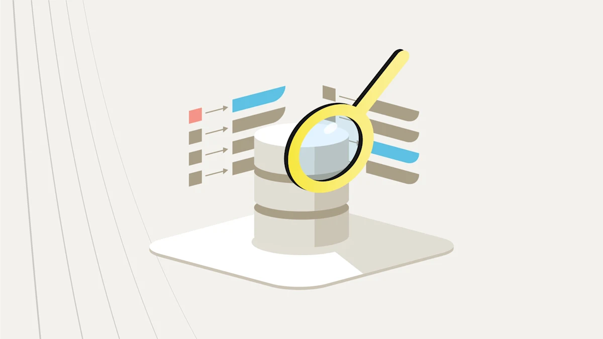 a database icon with a large yellow magnifying glass icon hovering on the upper half.