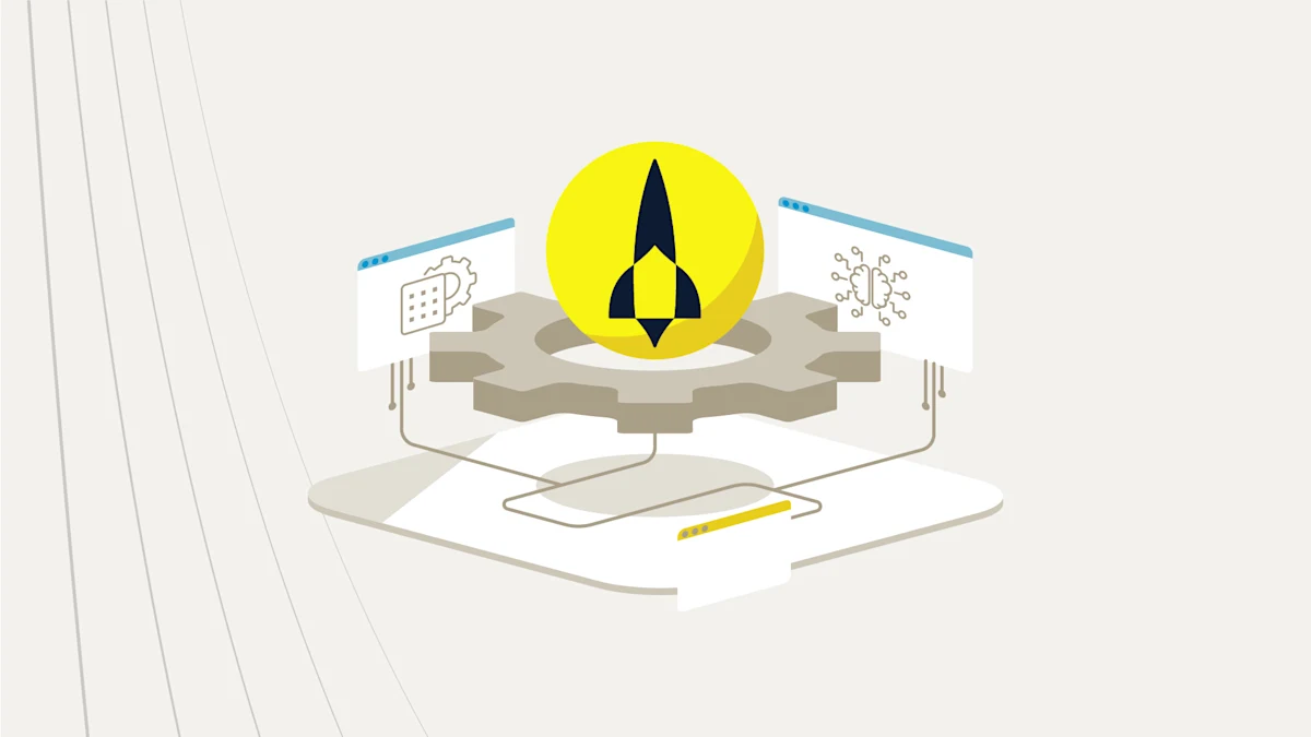 A rocket logo in a yellow sphere hovering over a vertical cog connected to two frames by wires
