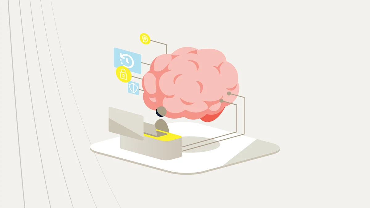 A floating brain floating above a platform with numerous icons and panes connected to it by lines.