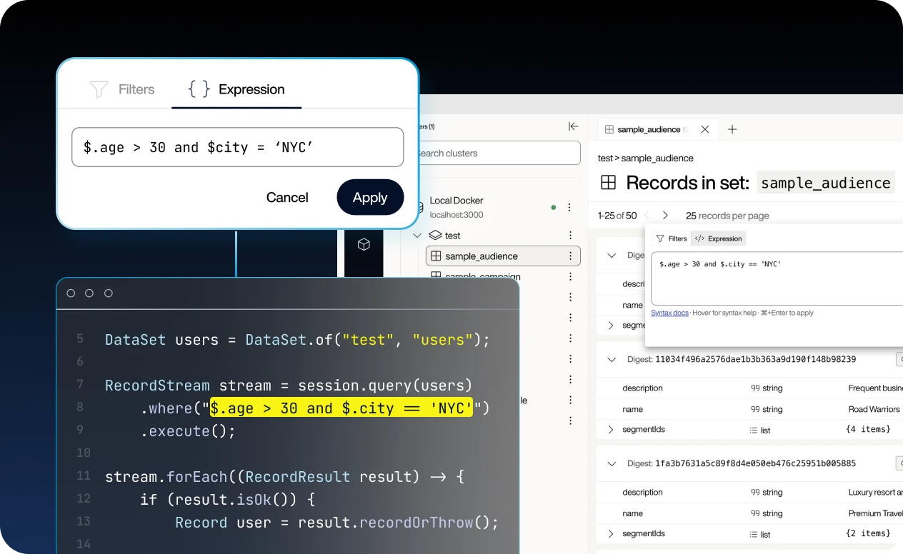 The syntax in Expression filter tab to explore your data (right) exactly matches the syntax that goes in your application code (left).