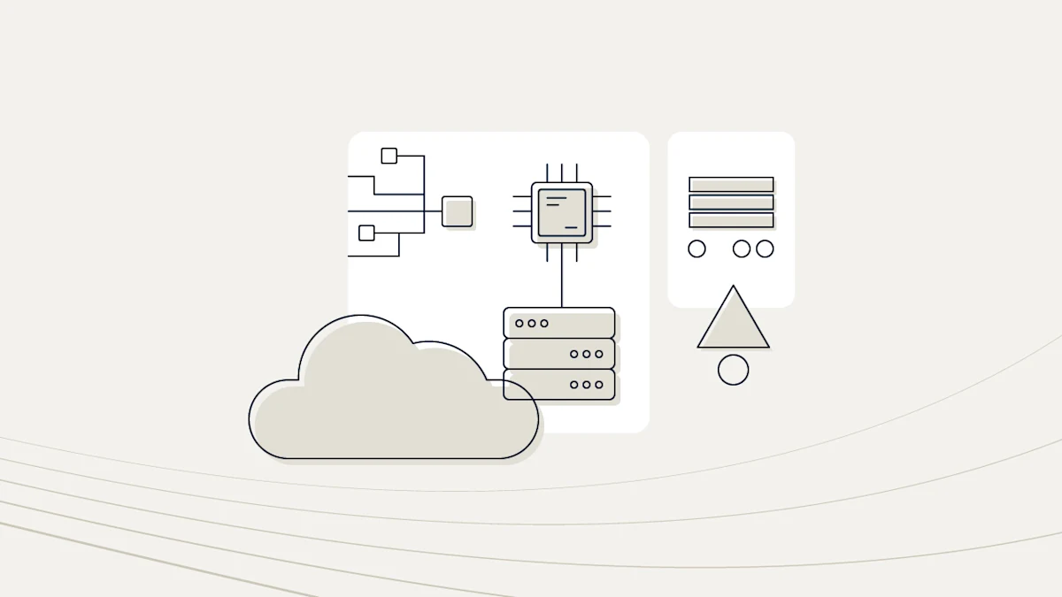 Numerous icons, including a large cloud silhouette in the foreground, with technology-oriented icons behind it against a white background.