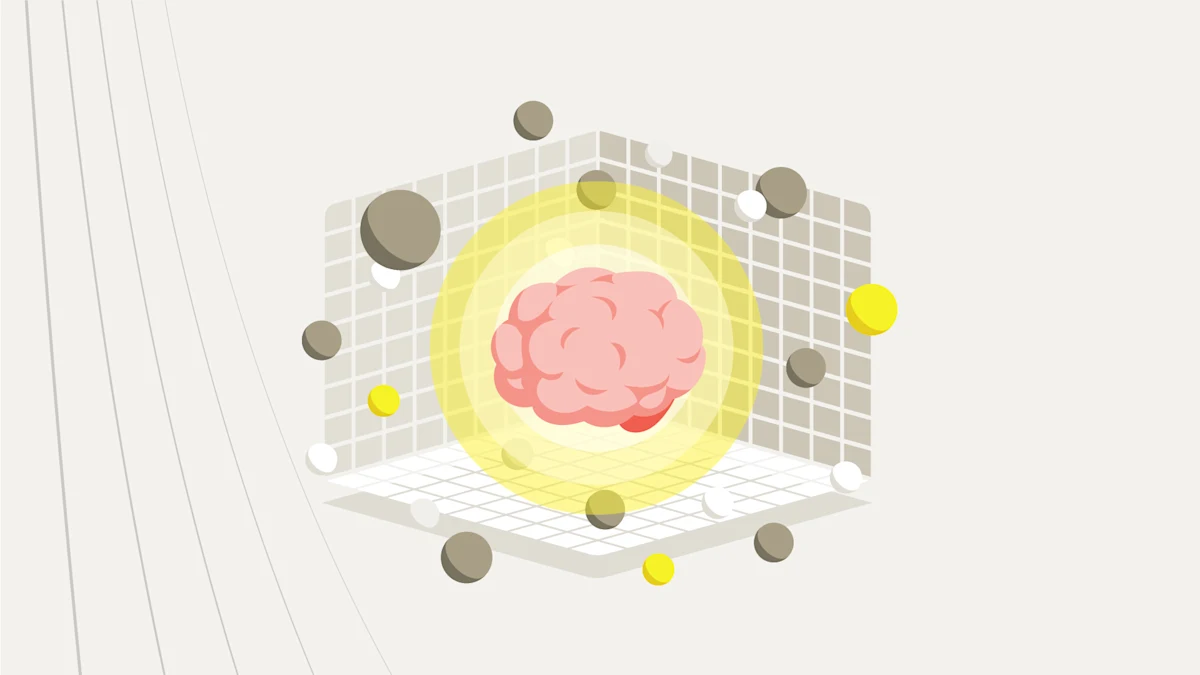 A brain within a few circles in gradients of yellow sitting in a 3d model of a cube with bubbles of various sizes floating around the brain. 