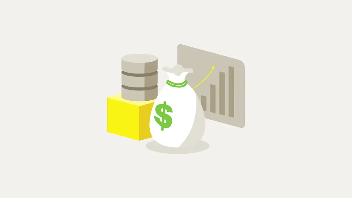 A bag with a money symbol in green next to a yellow platform with a database icon sitting on top, all in front of an analytics bar chart screen. 