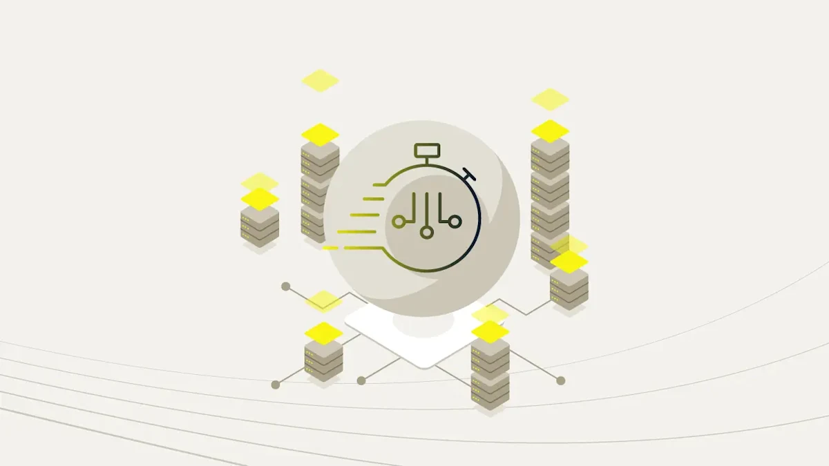 A ticker icon surrounded by servers