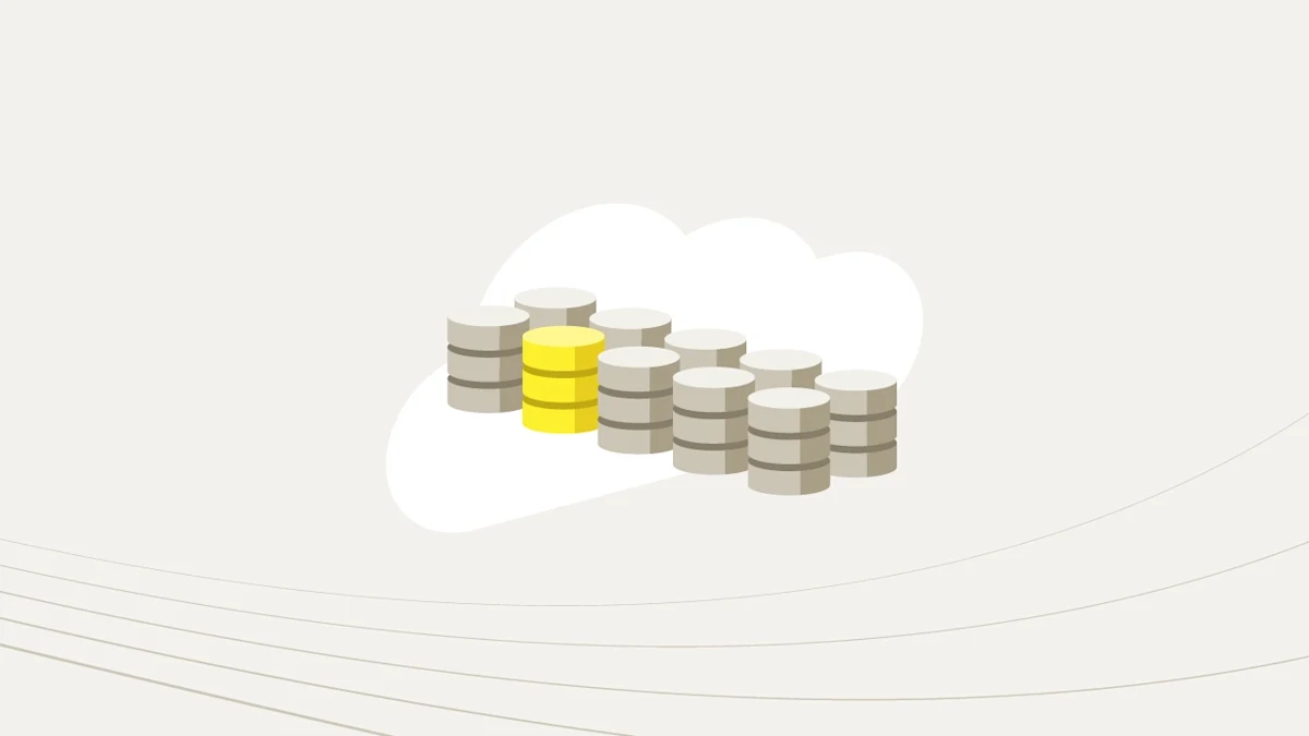Ten database icons, five in two rows, with one yellow database standing out, all with a cloud in the background.