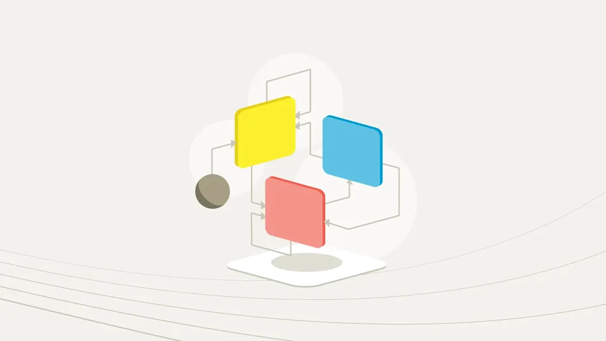 three squares in red, yellow, and blue connected by arrows and one gray circle