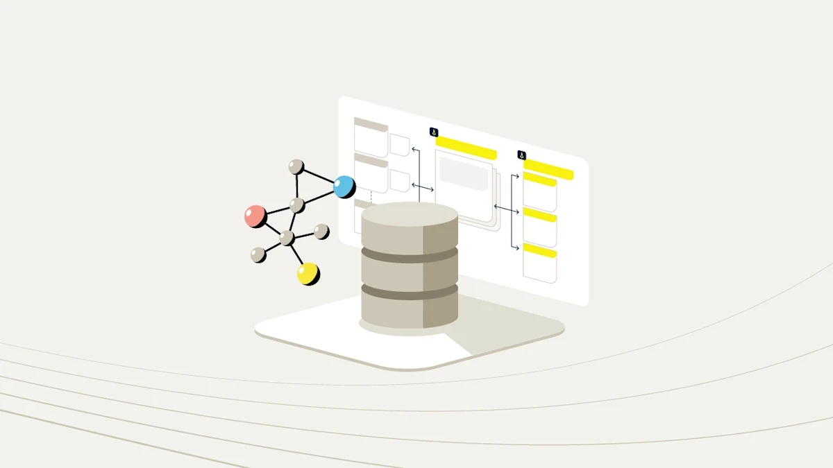 A database with a graph model illustration hovering on its upper left-hand side with a screen panel behind it. 
