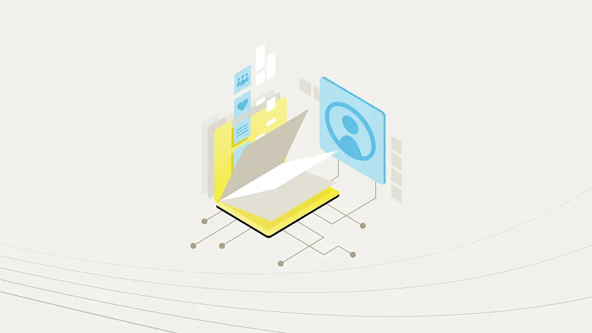 A yellow folder opening up with blue icons dropping into a folder.