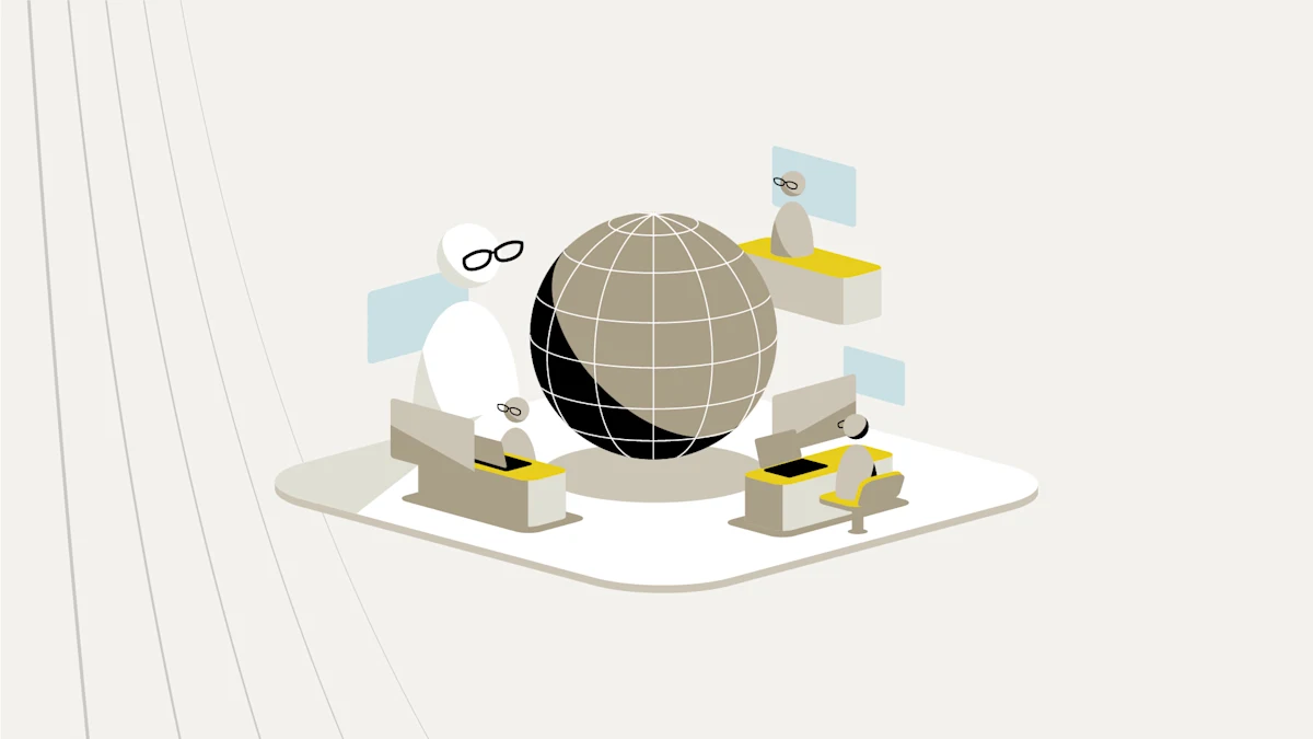 A figurine of a person with eyeglasses with smaller figurines at desks sitting in front of a large globe.