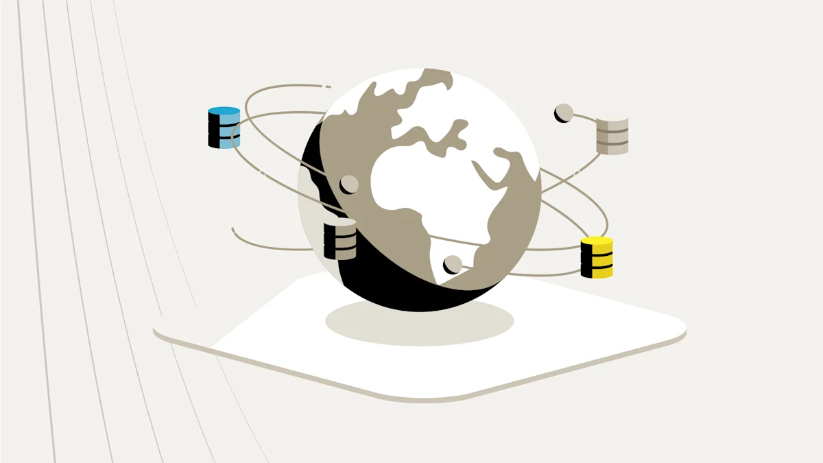 A globe with numerous colorful database icons floating around in axis
