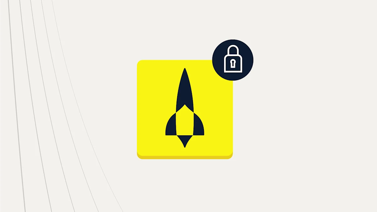 A rocket logo in a yellow square with a circular security icon with a lock in a blue circle on the upper right hand corner.