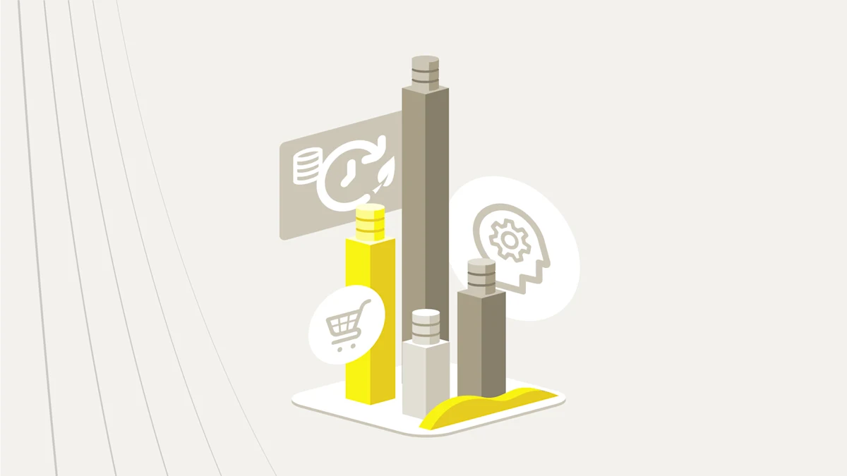 four vertical rectangle bars with database icons on top of each with three icons floating around. 