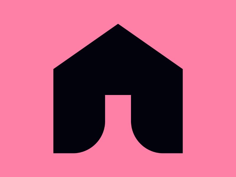 Black house icon on a bright pink background.