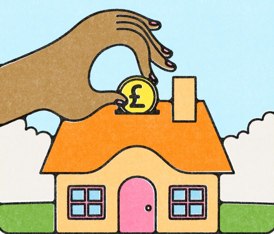 An illustration of a house with an orange roof and a pink door. There's a coin slot in the roof and a hand is placing a coin labelled  '£' into the it. The background features blue sky, white clouds, and green grass.