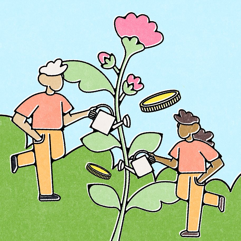 People watering flowers