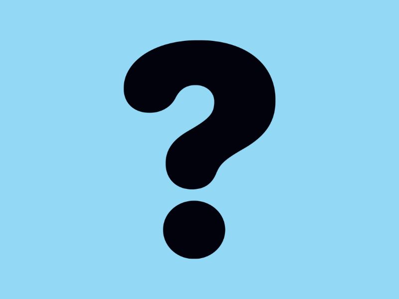 A bold black question mark icon on a sky blue background.
