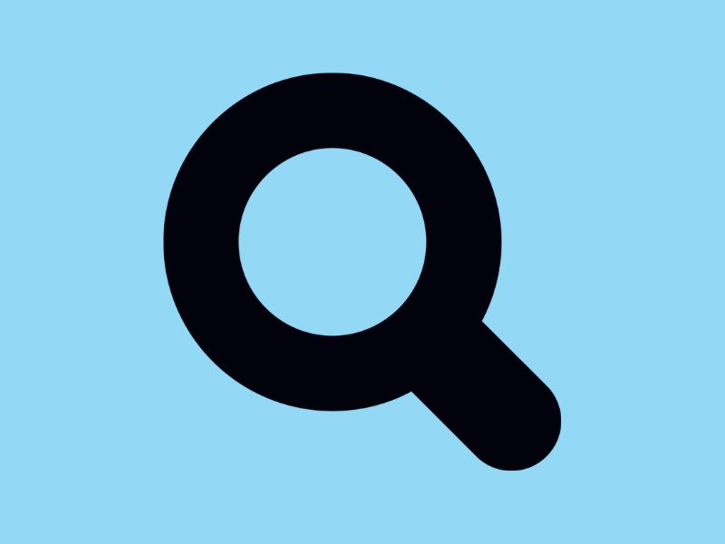Black magnifying glass icon on sky blue background.