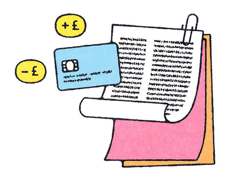 Cartoon papers held together with a paperclip. next to a credit card.