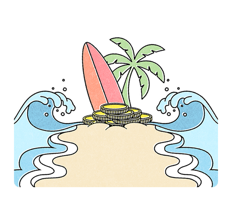Beach with coins, surfboard, palm tree, and waves