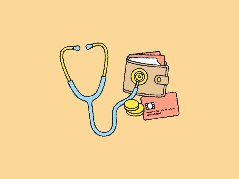 Cartoon stethoscope and wallet on a light amber background.